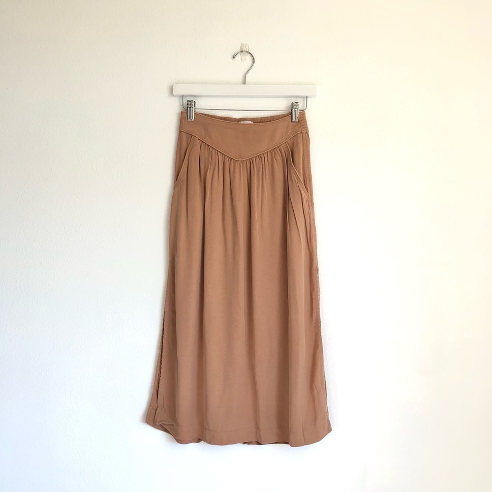 Aritzia Wilfred Gabrielle Toffee Tan Side Slit Pull On Midi Skirt Size XXS